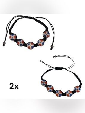 2x Handmade Dominican Flag  Black Rope  Cord Adjustable Bracelet Dominican Repu